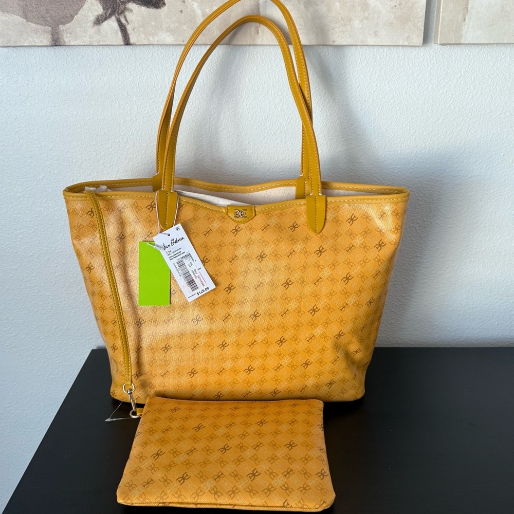 Sam Edelman Harper Monogram Shopper Tote Bag with Zip Pouch in Mustard